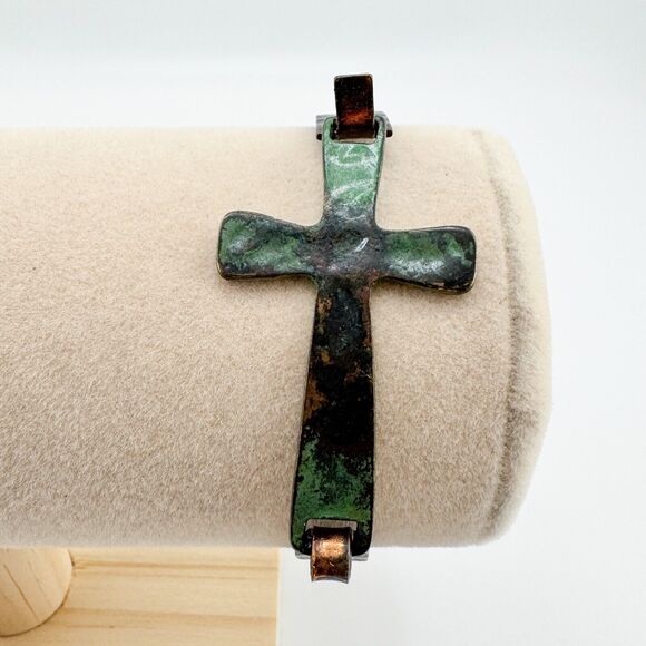Vintage Cross Copper Bracelet Patina Brutalist Religion Rustic Retro - Picture 5 of 10